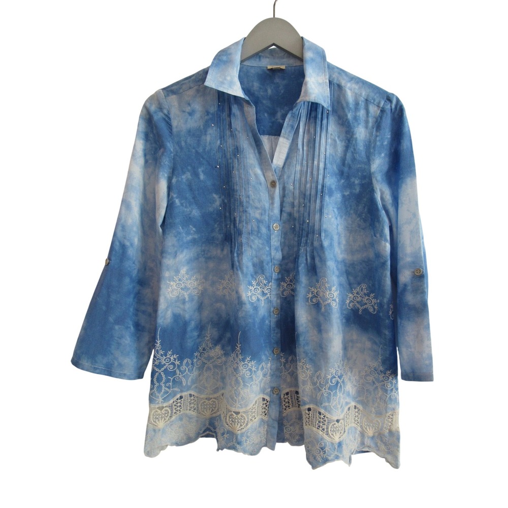 Reba Blue Tie-Dye Button Down with White Embroidery